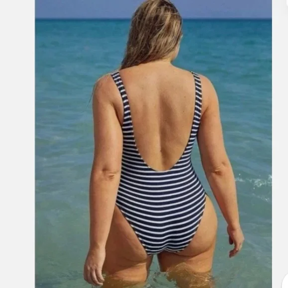 Aerie Striped Ribbed Lace Up Swimsuit Navy and White - Picture 2 of 10